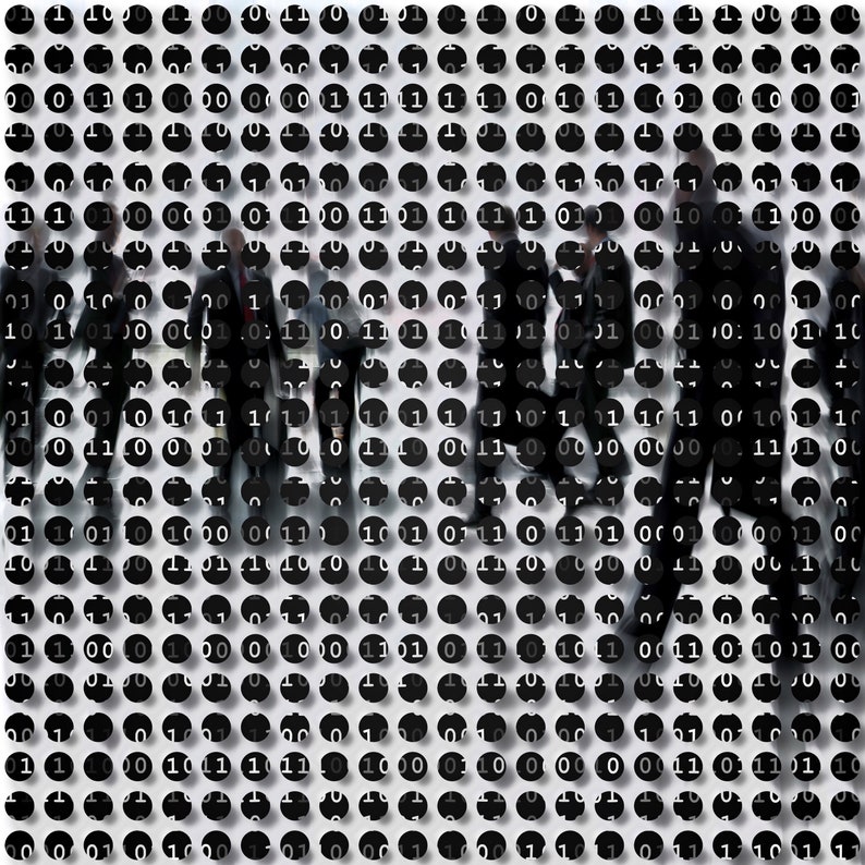 May include: A black and white image of a group of people walking in a line. The people are blurred and appear to be walking through a grid of black circles with white 1s and 0s.