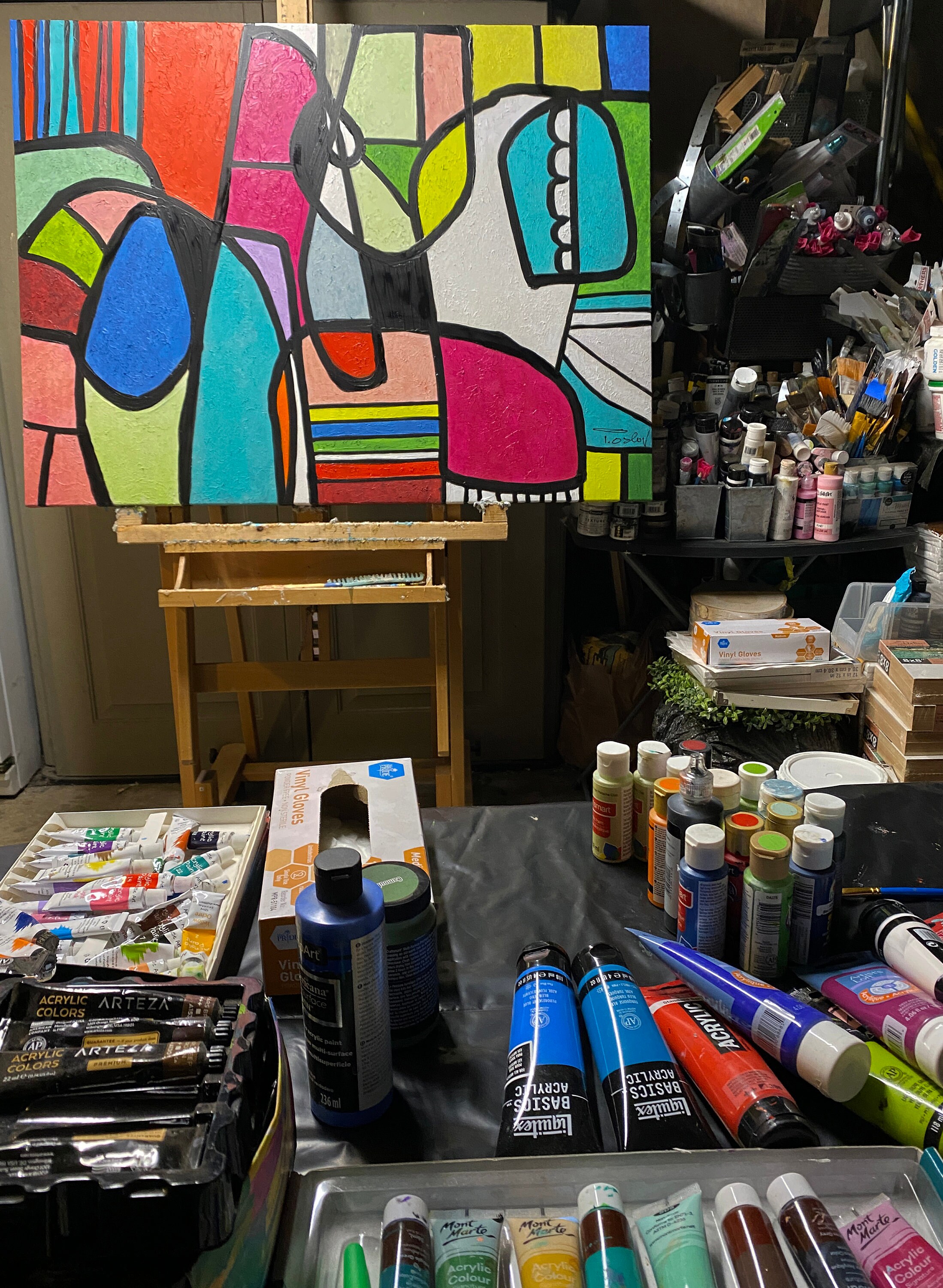 Vibrant Colorful Abstract033. MidCentury Modern Red Blue Canvas Art