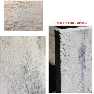 May include: Close-up of a white textured surface with a rough, uneven texture. The surface is painted white and has a slightly grainy appearance. The texture is reminiscent of cracked paint or a rough plaster wall.  HAND TEXTURED OPTION is written in red text at the top of the image.
