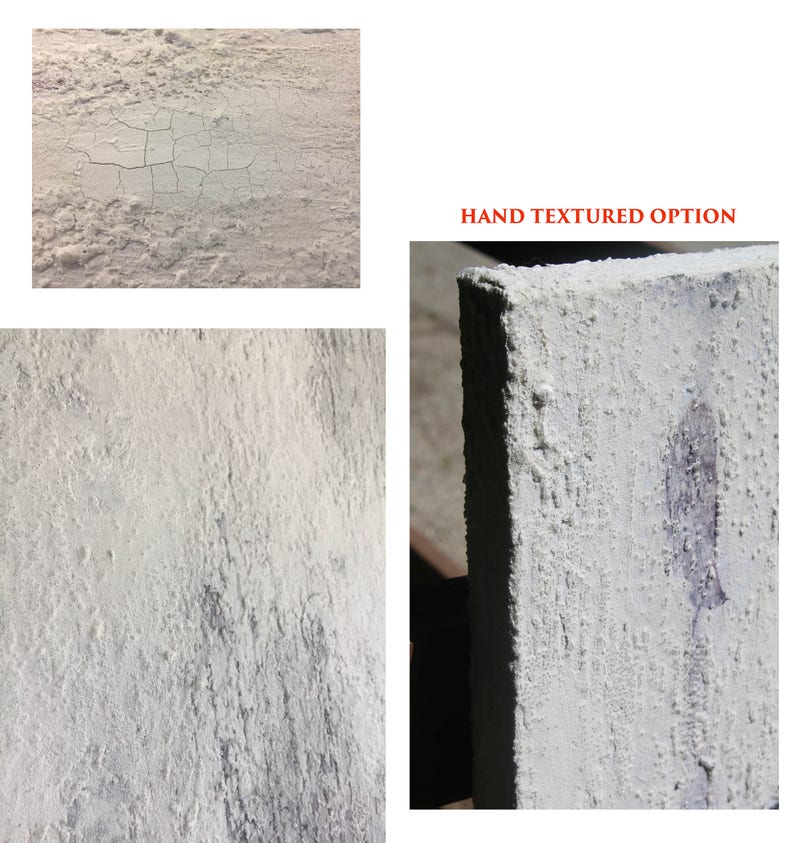 May include: Close-up of a white textured surface with a rough, uneven texture. The surface is painted white and has a slightly grainy appearance. The texture is reminiscent of cracked paint or a rough plaster wall.  HAND TEXTURED OPTION is written in red text at the top of the image.