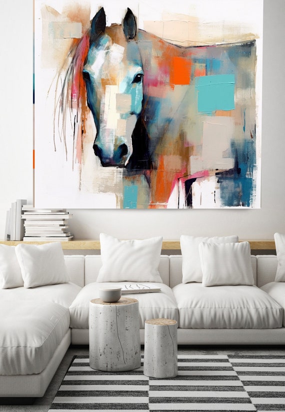 Blue Orange Color Block Horse Portrait Painting Print, Midcentury Horse Painting Canvas Print Horse canvas Art Equestrian