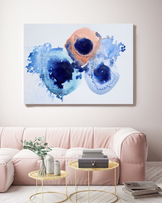 Blue Dots Watercolor abstract splash 2. Watercolor Abstract Blue Pink Watercolor Painting Print Canvas Art Print up to 72" by Irena Orlov