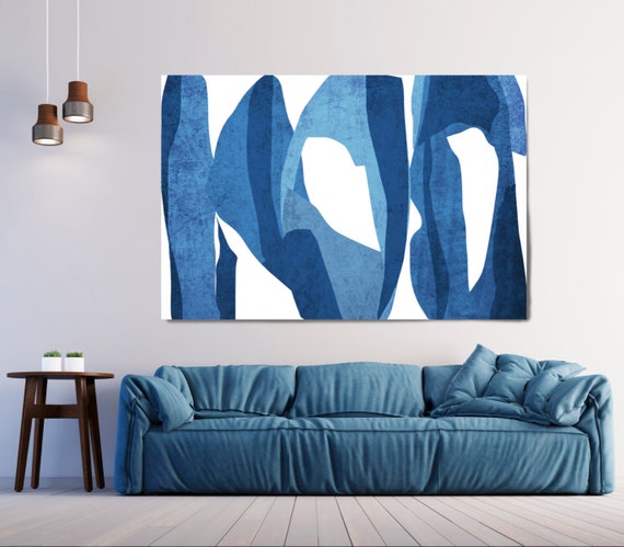 Original Blue Modern Minimalist Art Living Room Decor Large Minimalist Abstract Painting Horizontal  art N-10-143  Organic Shapes and Lines