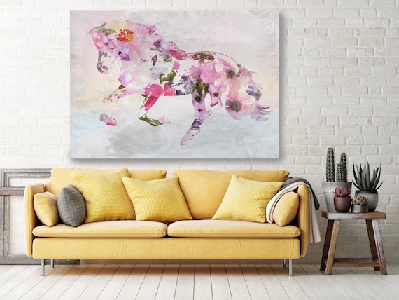 Pink Floral Horse BOHO Mixed Media Horse Painting Canvas Print BOHO Floral Horse Art Large Canvas, Painted Horse Boho Wall Art