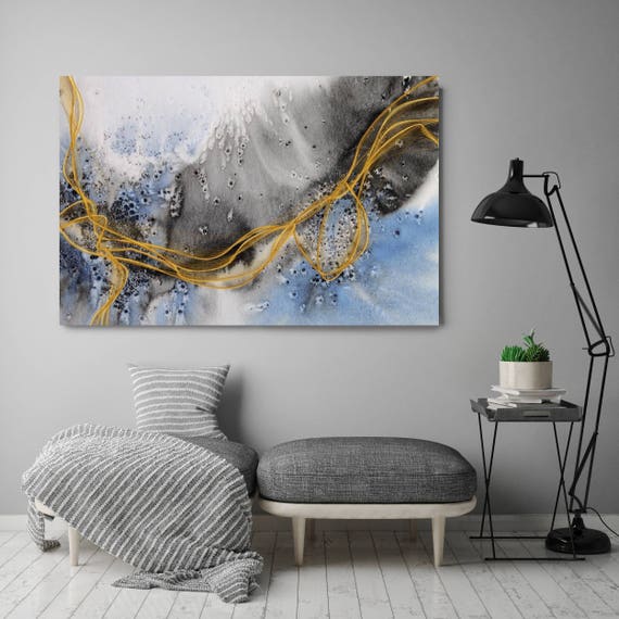 Coastal Watercolor Abstract 126. Watercolor Abstract Blue Black Gold Canvas Art Print, Watercolor Painting Print up to 72" by Irena Orlov