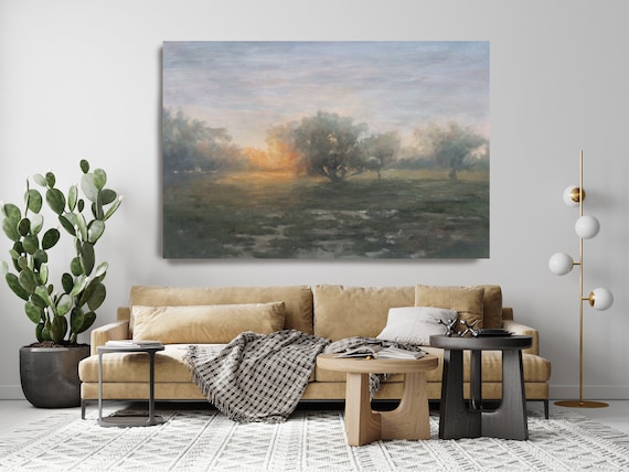 Landscape Oil Painting Foggy Sunset, Scenic Art, 72 H X 55" W,  Rolled Landscape Painting Fine Art