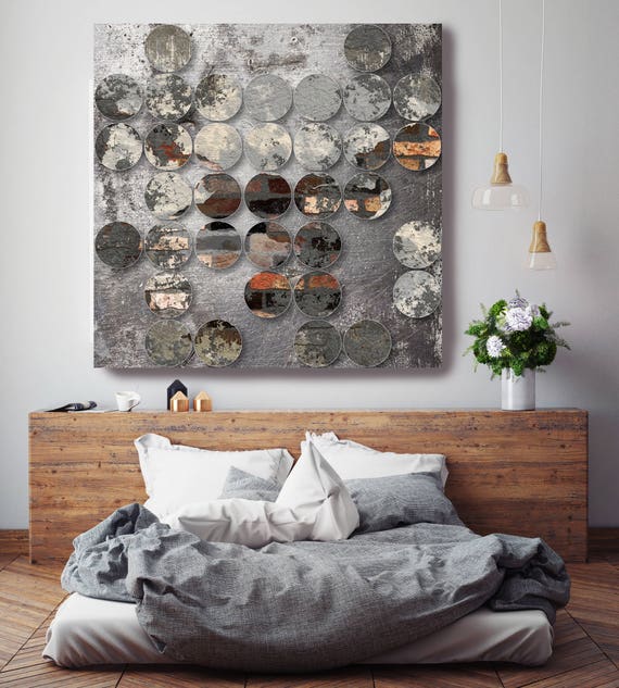 Industrial Mixed Media Circles 808-297, Extra Large Abstract Canvas Art Print, Grey, Black Abstract Rustic Wall Art up to 48" by Irena Orlov