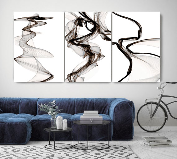 Black Brown Blue TRIPTYCH canvas prints -3 PANELS Stretched Canvas Wall Art, Canvas Art Print, Abstract Black Brown Blue Wall Decor