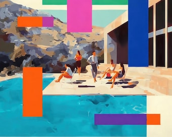 Coastal Modern Abstract Figurative Canvas Art, Luxury Beach House Wall Decor, Contemporary Resort Style Artwork, Terrace Conversations-3