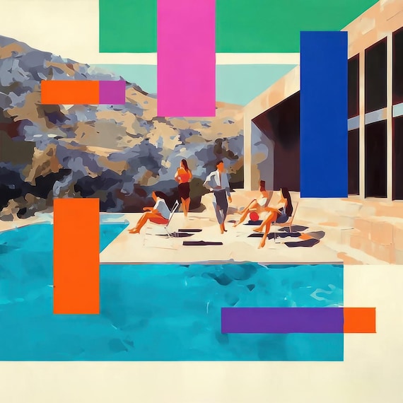 Coastal Modern Abstract Figurative Canvas Art, Luxury Beach House Wall Decor, Contemporary Resort Style Artwork, Terrace Conversations-3