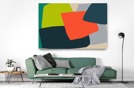 Modern Abstract Shapes Green Red Canvas Art Print, Electric Geometric Art, Boho decor, Orange Black Gray Scandinavian Art