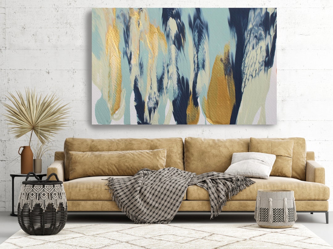ゴールドリフレクション、ターコイズゴールドブルー抽象画モダンアート