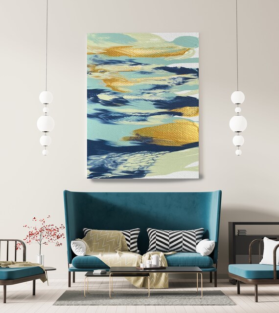 Gold Water Reflection 3, Turquoise Gold Blue Abstract Painting Modern Art Abstract Painting Extra Large Painting Abstract Canvas Print