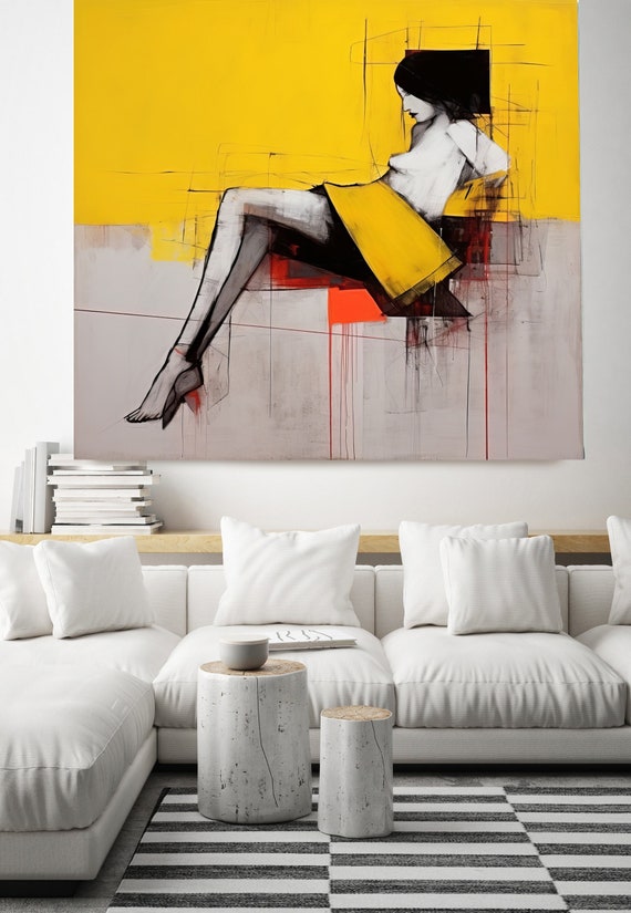 Woman in Yellow and Black 3, Abstract Figurative Nude Painting 1, Cubist Abstract Art, Woman Painting Expressive Canvas Print