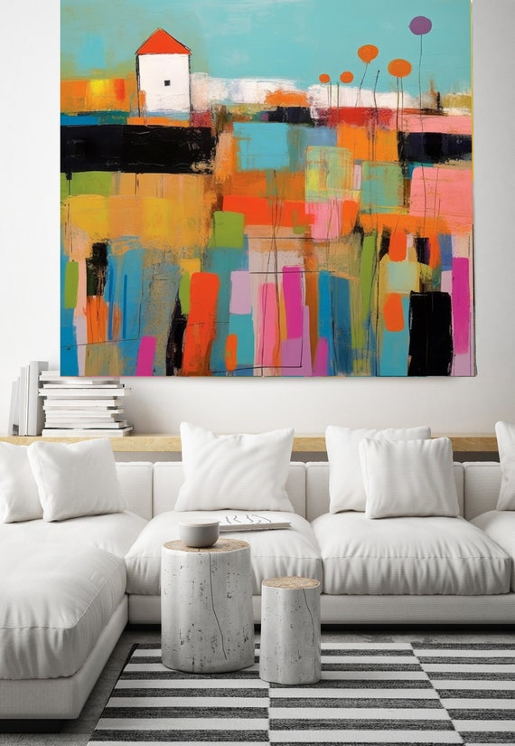 Modern Village Color block 17 Color Block Abstract Architecture Painting, Cityscape Painting Canvas Print