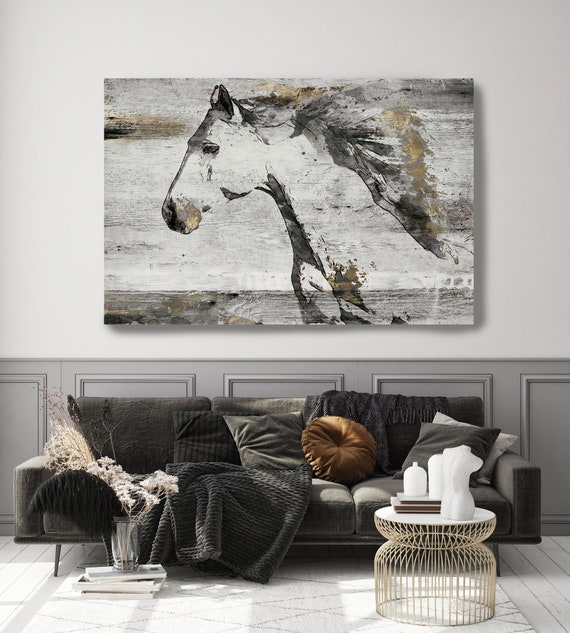 Horse Wall Art, Running Bay Horse Gray Gold Leaf. Extra Large Horse, Horse Wall Decor, Gray Rustic Horse, Large Canvas Art Print, Farmhouse