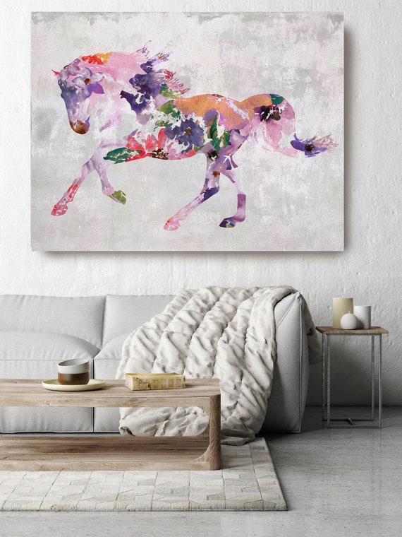 Horse painting BOHO Mixed Media Horse Painting Canvas Print BOHO Pink Floral Horse Art Large Canvas, Painted Horse Boho Wall Art