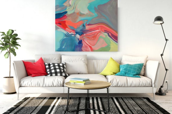 Abstract Melody, Red Gray Blue Abstract Painting, Pink Aqua Blue Blur Canvas Art Print up to 50" by Irena Orlov