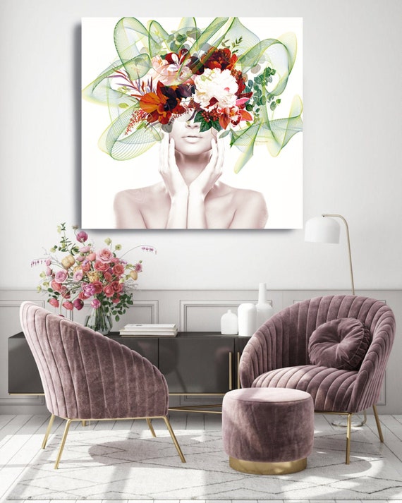 Vibrant Floral Portrait, Flower head woman Canvas Print, Floral Wall Art, Equivalent Exchange, Floral Head Woman Print, Woman Fashion Art