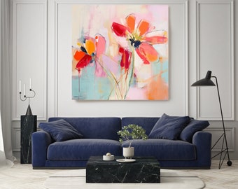 Abstrakt färgglad blomsamling 7, abstrakt blommålning på kanvas, stor väggkonst modern rosa blommålning konsttryck