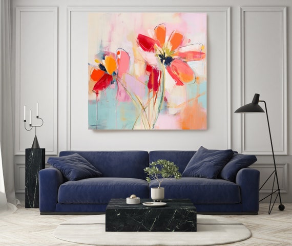 Abstract Colorful Floral Collection 7, Abstract  Flower Painting Print On Canvas, Large Wall Art Modern Pink Floral Painting Art Print