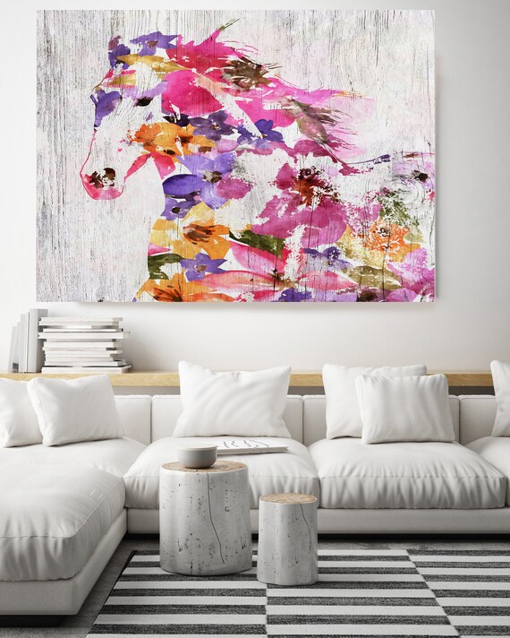 Floral Farm Horse Painting BOHO Mixed Media Horse Painting Canvas Print BOHO Floral Horse Art Large Canvas, Painted Horse Boho Wall Art