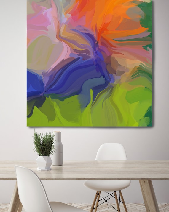 The Energy, Art Abstract Print on Canvas up to 50", Green Orange Blue Pink Abstract Canvas Art Print, Sunny City by Irena Orlov