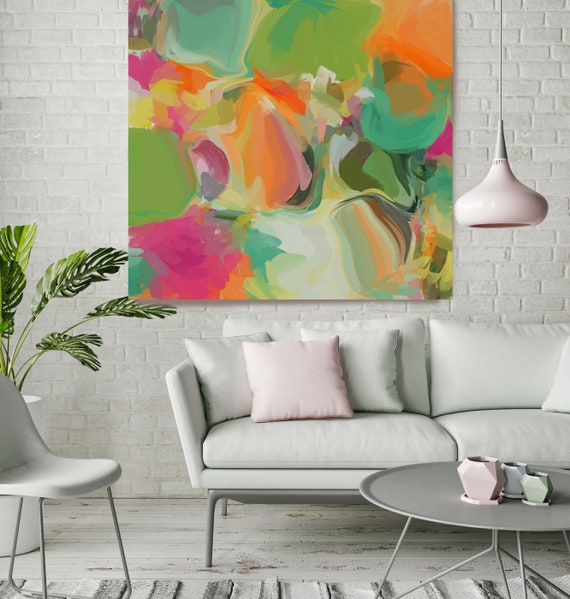 Simply Gratitude 1, Colorful Blur Abstract Painting, Green Orange Pink Canvas Art Print up to 48" by Irena Orlov