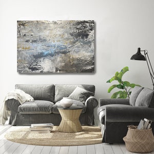 Silver Gray Gold Blue Contemporary Painting on Canvas Silver Ocean 36x48&quot;