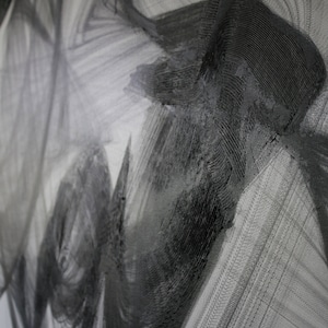 May include: Abstract painting with black and white brushstrokes. The brushstrokes are layered and create a sense of depth and movement.