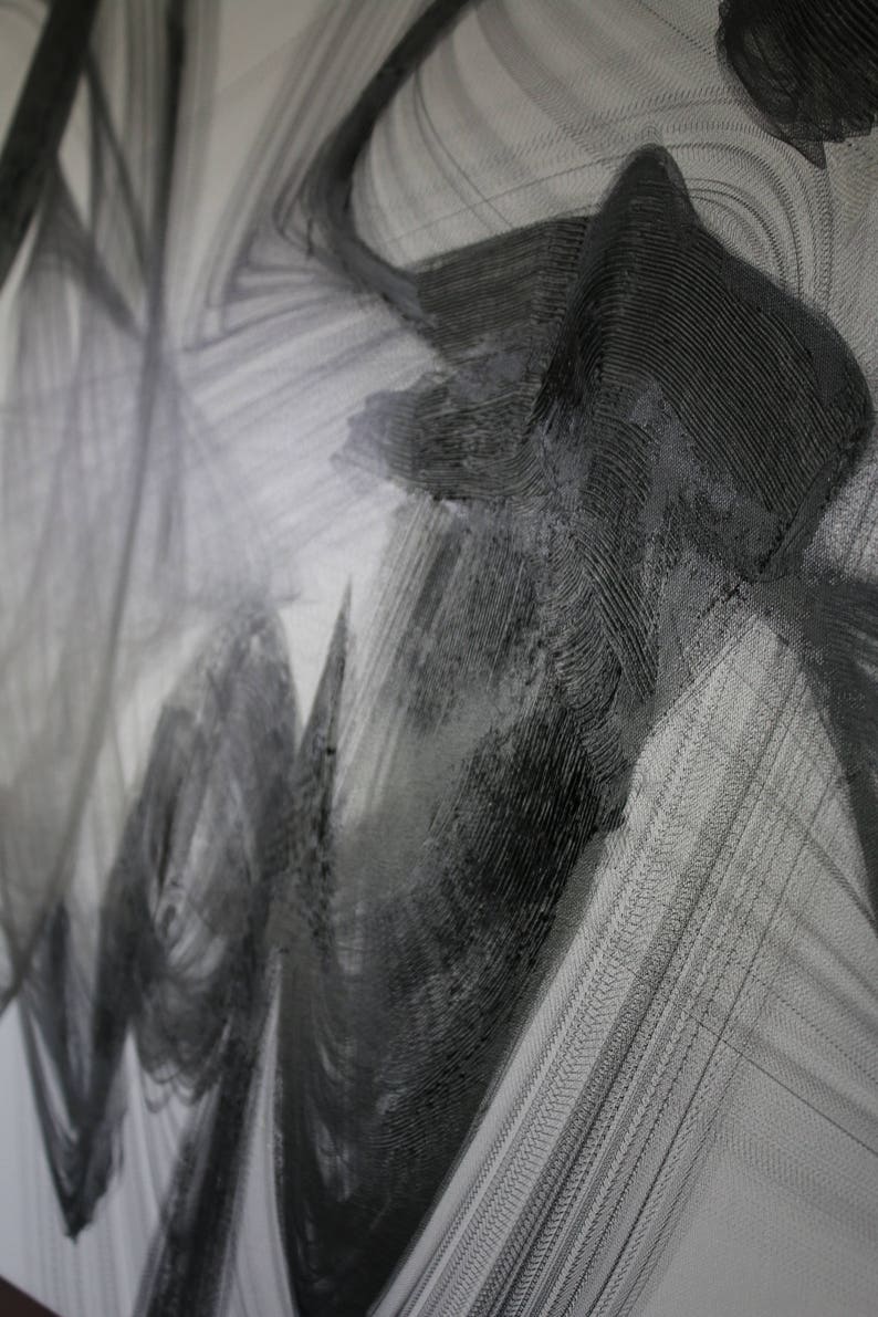 May include: Abstract painting with black and white brushstrokes. The brushstrokes are layered and create a sense of depth and movement.
