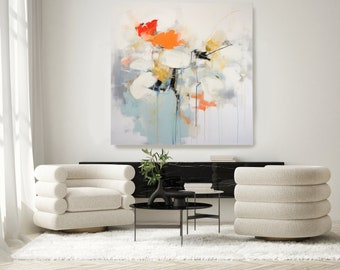 Abstrakt blommig kollektion 4, abstrakt dämpad blå blommålning på kanvas, stor väggkonst modern rosa blommålning konsttryck