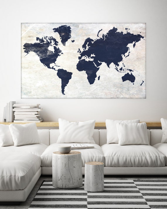 Huge world map, Executive gift, Rustic map, Industrial art, Cottage wall, Vintage Map, Map canvas art print, Blue White Map,Antique Map