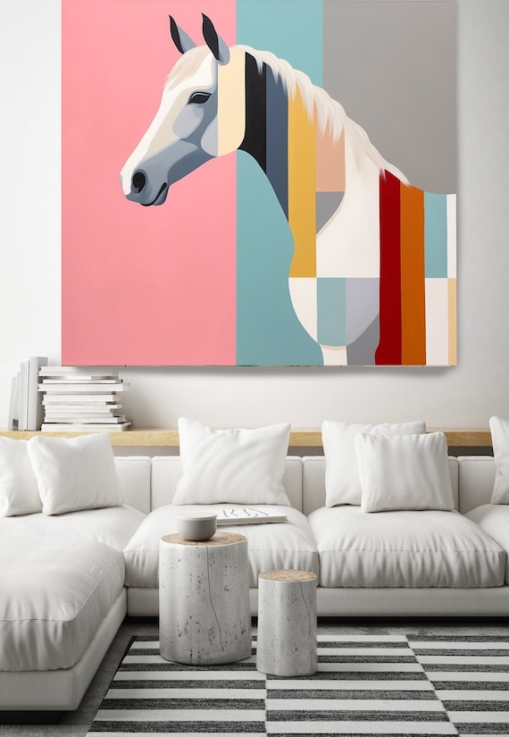 Color Block Horse Portrait Painting Print, Midcentury Horse Painting Canvas Print Horse canvas Art Equestrian