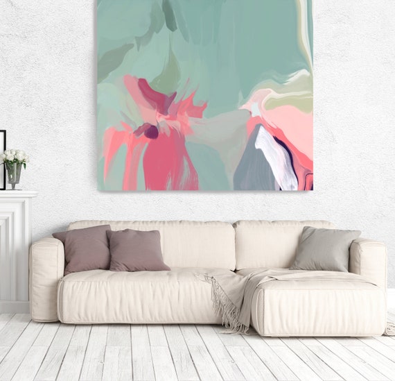 ORL-10969-3 Environmental Vibrations 6, Pink Aqua Abstract Painting, Pink Aqua Blur Canvas Art Print up to 48" by Irena Orlov