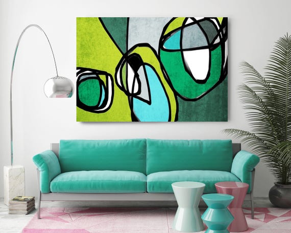 Vibrant Colorful Abstract-68. Mid-Century Modern Green Blue Canvas Art Print, Mid Century Modern Canvas Art Print up to 72" by Irena Orlov