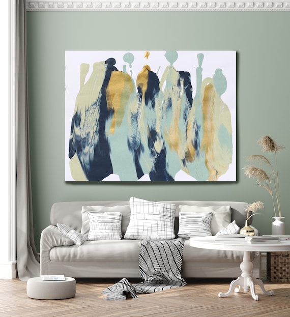 Feather Flow Pale Turquoise Gold Blue Abstract Painting  Modern Art Abstract Painting Extra Large Painting Extra Large Abstract Canvas Print