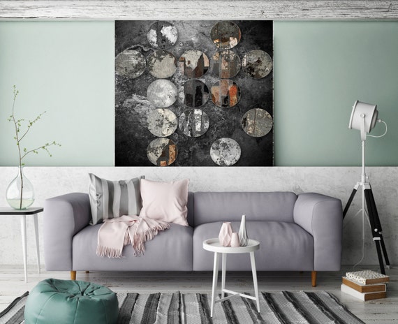 Industrial Mixed Media Circles 808-296, Extra Large Abstract Original Oil/Acrylic Canvas Art, Grey, Black Abstract Rustic Art by Irena Orlov