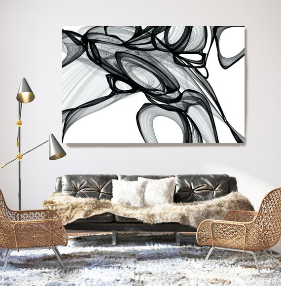 Trying to Find a Clue. 45H x 60W inch, Innovative ORIGINAL New Media Abstract Black And White Painting on Canvas Minimalist Art