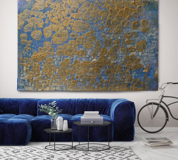 Gold Textured I. Abstract Paintings Art, Extra Large Abstract Blue Gold Contemporary Canvas Art Print up to 72" by Irena Orlov