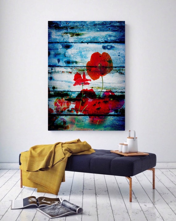 Poppies on blue. Floral Painting, Blue Red Abstract Art, Wall Decor Abstract Colorful Contemporary Canvas Art Print up to 72" by Irena Orlov