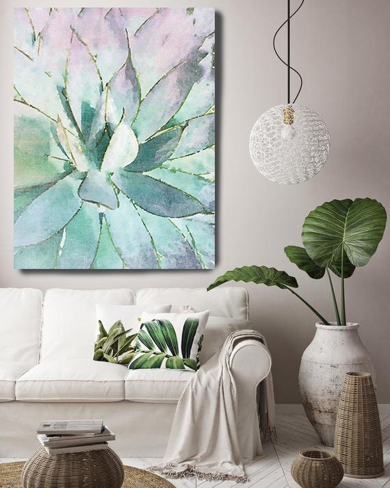 Pink Agave Potatorum, Succulent Wall Decor, Watercolor, Succulent Painting, Agave Painting, Agave Watercolor Painting, Tropical Canvas Print