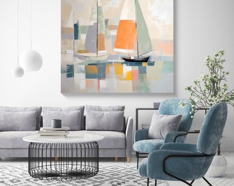 Abstracte regatta / blauwe kustcanvas, kunst aan de grote muur, abstracte kustcanvas, aangepaste zeemuurkunst