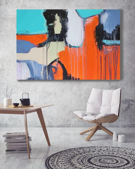 Abstract 1813. Abstract Paintings Art, Wall Decor, Extra Large Abstract Blue Orange Contemporary Canvas Art Print up to 72" by Irena Orlov