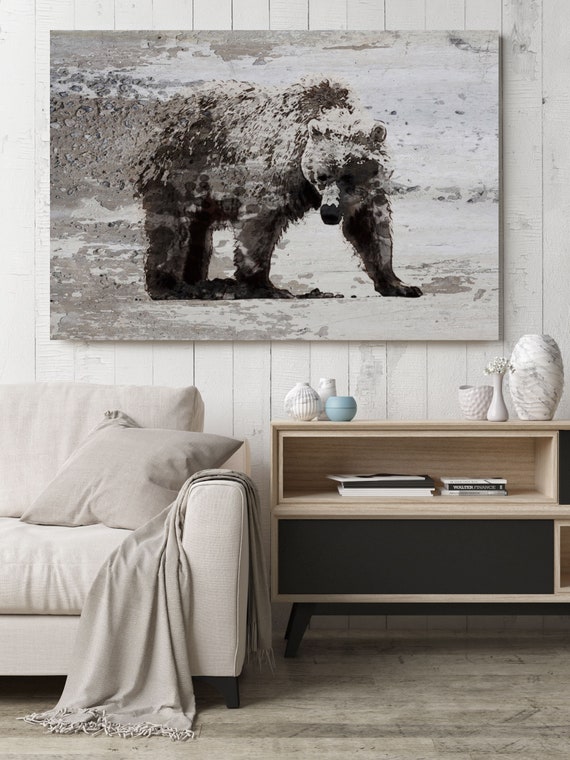 Rustic Vintage Bear Wall Art Print | Bear Walking Canvas Print | Livingroom Décor | Animal Wall Art | Bear Art Print | Modern Wall Art