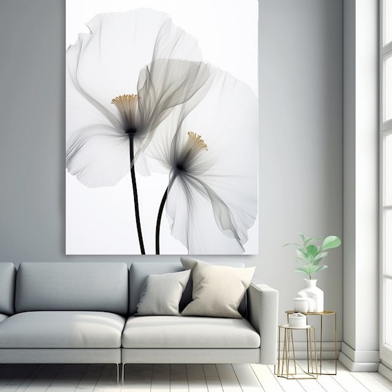 Translucent  Floral Wall Art-Xray image. White Floral Painting Modern, Translucent White Poppies Flowers 7, Flowers Painting Canvas Print