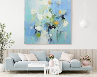 Abstract Blue White Floral Collection 4, Abstract Muted Blue Flower Painting Print On Canvas, Large Modern Floral Art Print Abstraction