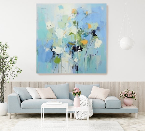 Abstract Blue White Floral Collection 4, Abstract Muted Blue Flower Painting Print On Canvas, Large Modern Floral Art Print Abstraction