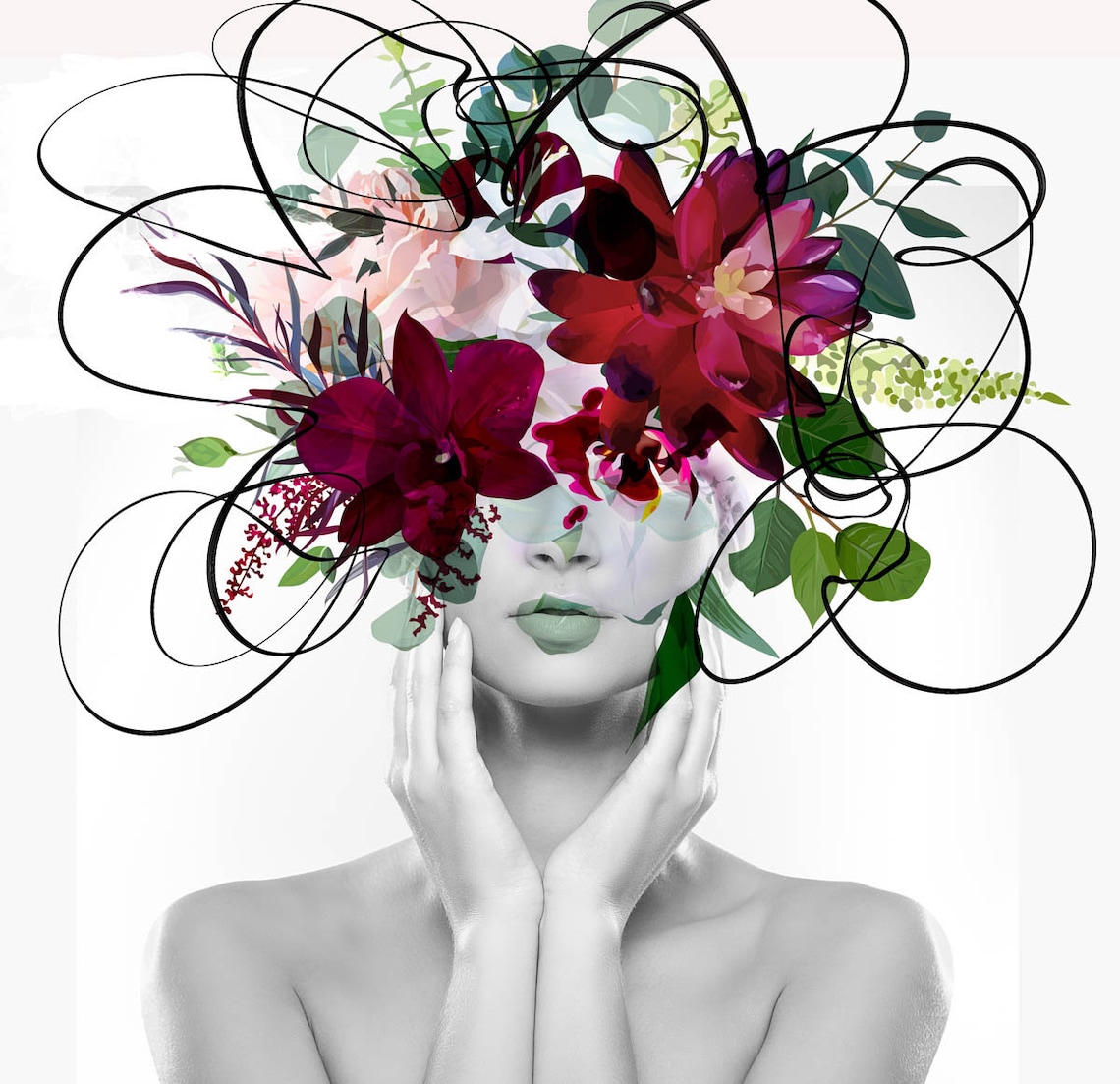 Frau FloralEs Portrait Blumenkopf Frau Leinwanddruck Sexy Etsy