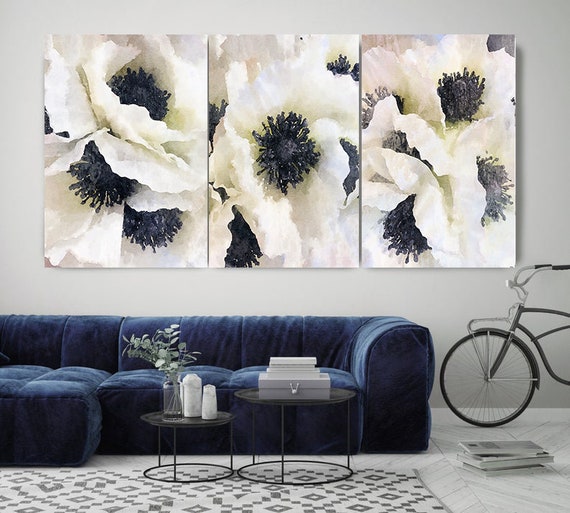 Black and White TRIPTYCH -Set Of 3 - Watercolor Floral Painting Canvas Print, Rustic Watercolor floral Art, Watercolor Poppy